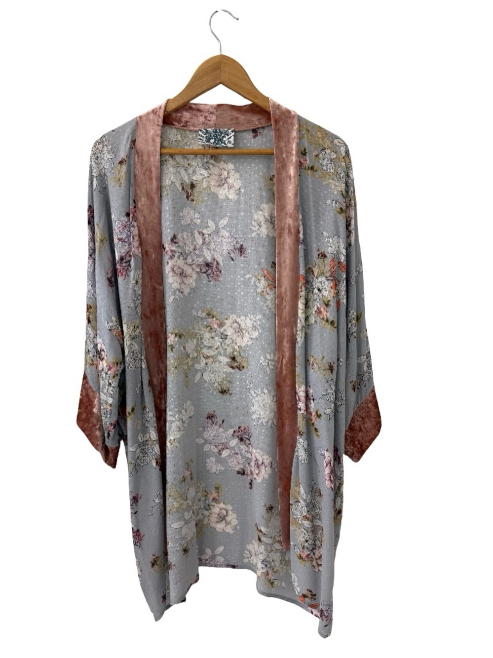 Floral Open-Front Kimono in Gray and Dusty Rose